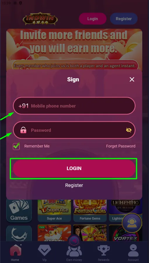 IndWin casino login form interface